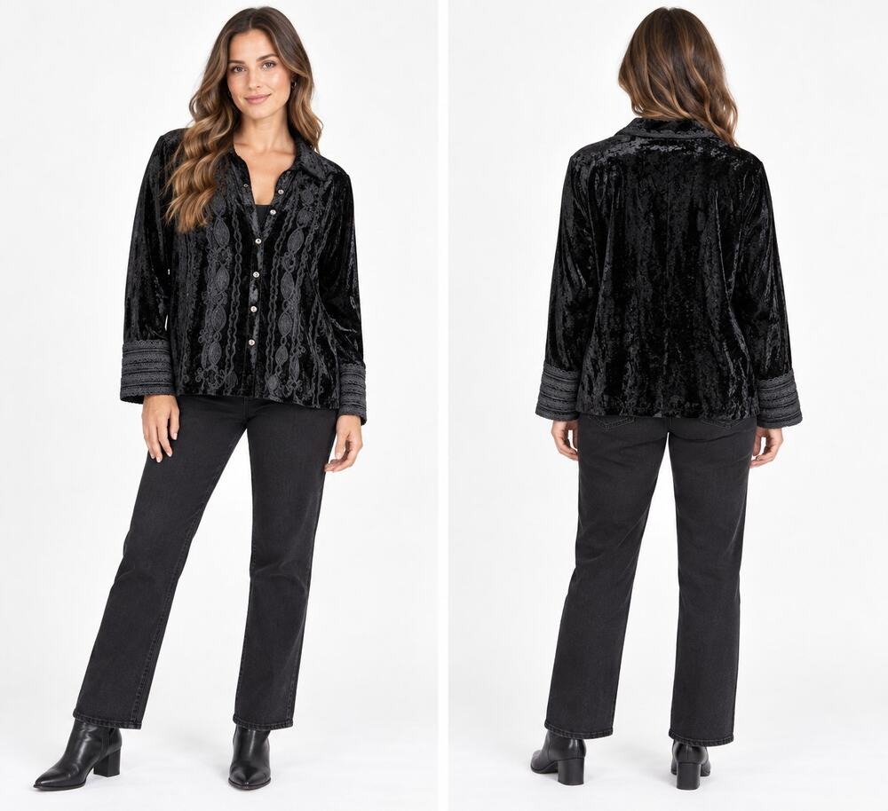 Anu by Natural Black Velvet Blouse Jacket L Embroidered Boho